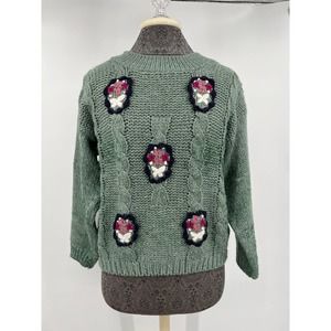 Shenanigans knitted by hand women's sage green sweater with flowers size M